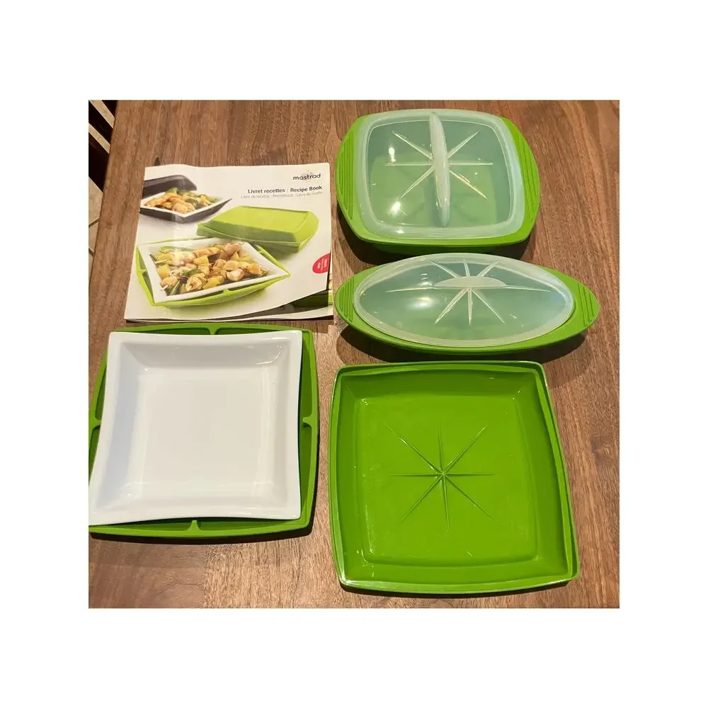 Mastrad 3 Piece Microwave Steamer Set, Green, Paris with Recipe Manual, Silicone